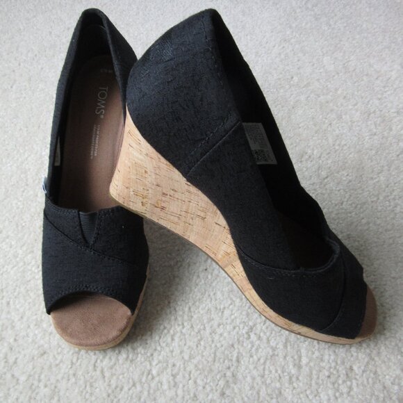 TOMS Womens Classic Wedge Black Canvas Peep Toe Cork Heels Size 6 1/2 6.5 Ex Cnd - Picture 1 of 13